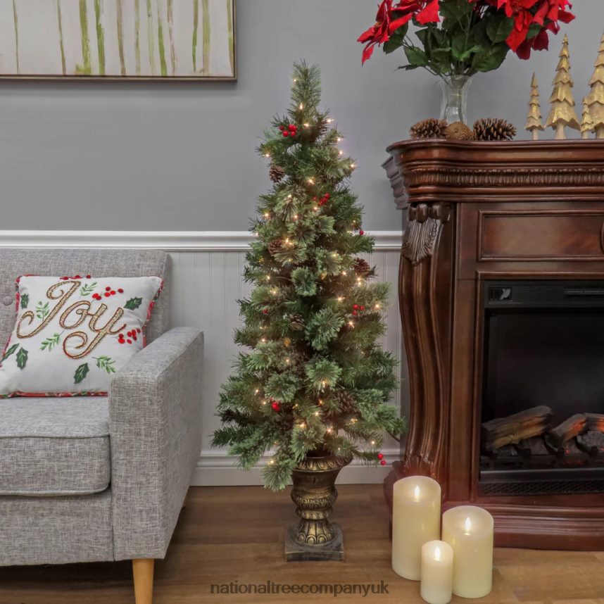 Trees | National Tree Company Artificial Cashmere Cone  Berry Entrance Christmas Tree in Bronze Urn with Red Berries and Pinecones Pre-Lit with Clear Incandescent Lights Plug In 45 ft F2L4F4